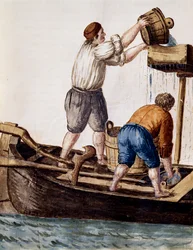 Sifting canal waters in search of lost objects, illustration from Illustrated book of Venetian costumes, by Jan Grevenbroeck, Italy