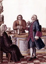 Venetian nobles at coffee, one of them is enjoying a chocolate. From the manuscript 