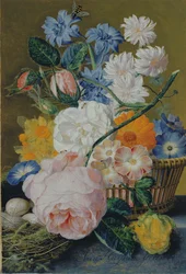 Roses, morning glory, narcissi, aster and other flowers in a basket, with eggs in a nest on a marble ledge