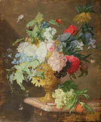 Still Life of Flowers in a Golden Vase on a Marble Ledge