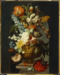 Tulips, Roses, Hyacinth, Auricula and Other Flowers in a Sculpted Urn on a Stone Pedestal in a Niche