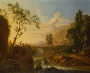 A Wooded Landscape with a Peasant Couple by a Tomb and Fishermen by a Waterfall