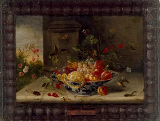 Decorative Still-Life Composition with a porcelain Bowl, Fruit and Insects