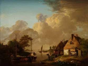 River Landscape with Village, Barges and Peasants