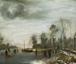 A Winter Landscape with Skaters and Colf Players on a frozen Waterway