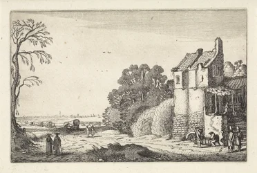 Figures by a House and Covered Wagons on a Country Road