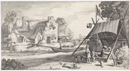 Figures Under a Tent Cloth at an Inn Pleasant Landscapes and Amusing Views (series title)