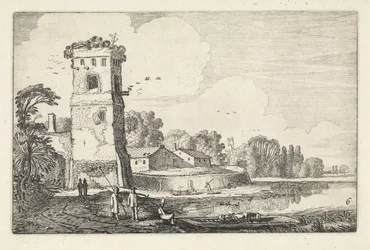 Bridge with Sheep by a Tower in a River Landscape (series title: Landscapes, Amenissimae aliquot requculae)