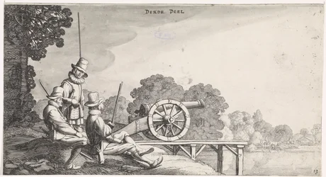 Soldiers by a Cannon on a Pier by a River (Playsante lantschappen ende vermakelycke gesichten)