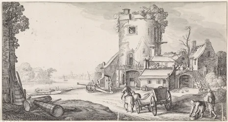 Soldiers by a Tower in a River Landscape
