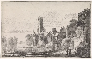 Two Monks by an Abbey in a River Landscape