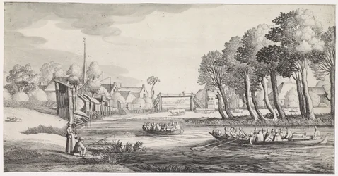 Two Rowboats on a River by a Village (series title: Pleasant Landscapes and Delightful Sights)