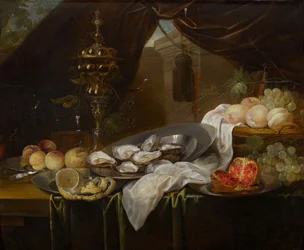 Still life with gold cup, Façon de Venise glassware, fruits and oysters