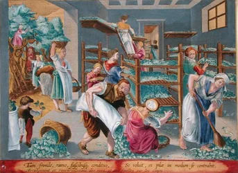 Women Lining Shelves with Mulberry Leaves for the Silkworms, plate 5 from 