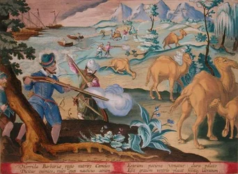 Sailors in a Horrid Barbarian Country Kill Camels with Muskets to Relieve their Hunger, plate 28 