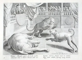 Alexander the Great puts on a spectacle, a lion, dog and elephant fight, illustration from 