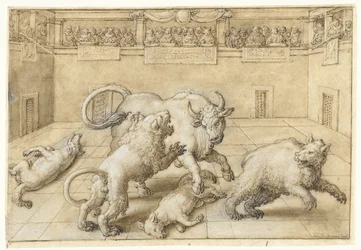 Fight in an Arena Between a Bull, Lion, Bear, and Two Wolves