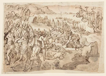 Conquest of the Philippine Islands, preliminary design for grisaille painting realized by Stradanus