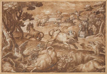 Men Hunting Bulls with Eagles