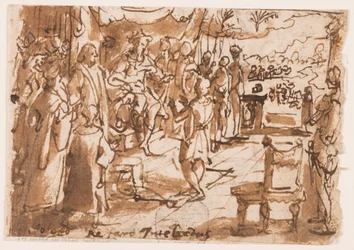 Joseph interpreting the dreams of Pharoah, preliminary design for plate 2, "Spiritus Intellectus" (The Spirit of Intellect) in the "Seven Gifts of the Holy Spirit" series; inscription concerning print series of the "Life of John the Baptist"