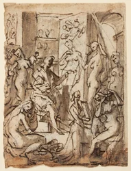 Zeuxis painting Helen; Studies of figures for an illustration of the eighth circle, tenth bolgia of Dante