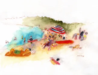 Beach Sunbathers and Surfers at Hanalei Bay, c.2019