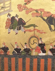 Detail from a Four Leaf Screen Depicting Two Courtiers Wearing Kazaritachi and Soldiers, Tosa School, Edo Period