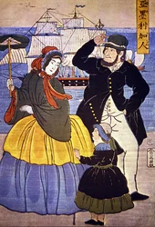 European Family at Yokohama Harbour Front Painted by a Japanese Artist in 1861