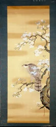 Falcon on a branch of Japanese cherry blossom. Silk painting from the 18th century of Japan. Genoa. Museo Chiossone.