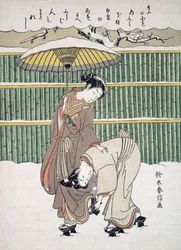 Japanese Lovers walking in Snow, pub. c. 1768