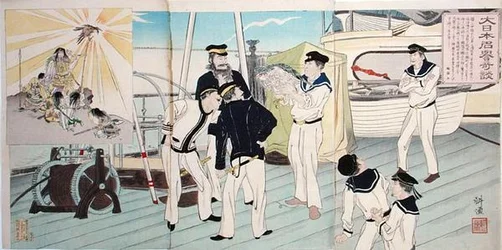 Japanese Sailors Admiring their Eagle Mascot, an episode from the Sino-Japanese War, late 19th century