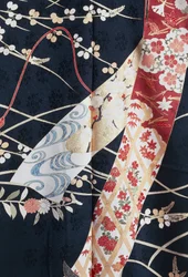 Kimono Furisode (billowing sleeves) worn by young unmarried women on elegant occasions and Maiko (Geisha student), Silk with floral and plant motifs, floating panels, detail, Kaga-Yuzen dyeing, Tokamachi weaving mills, Japanese civilization, 20th century
