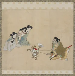 Monkey trainer and monkey performing a dance, Edo period