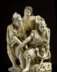 Okimono depicting the Soga Brothers about to slay Suketsune guided to his tent by Tora