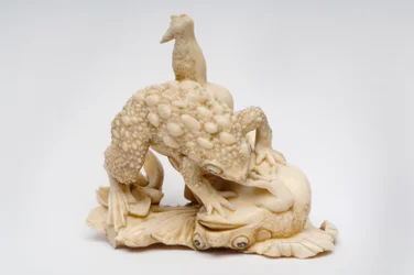 Okimono of two toads on a lotus leaf, c.1550-1600