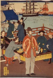 One print of triptych showing European merchants taking refreshment with Japanese. In the background are ships in Yokohama harbour, Japan