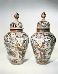 Pair of Imari baluster vases and covers
