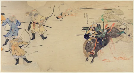 Samurai Takezaki charges Mongol invaders as shells explode overhead during the Mongolian invasions of Japan in 1274, illustration from Kokka magazine, May 1921
