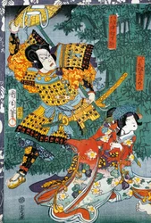Samurai meeting his beloved in bamboo garden
