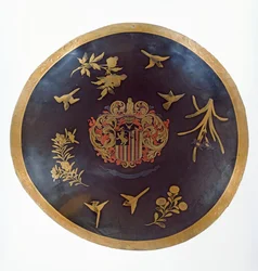 Shield depicting the armorial bearings of Constantijn Ranst, for the Dutch East India Company, made in Bengal and Lacquered in Japan
