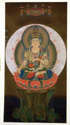 The Bodhisattva Akashagarba holding the Cintamani wish-giving Jewel in the left hand and seated on a lotus, illustration after a kakemono of the 9th century from the temple of Daigo, published in Th