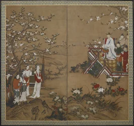 The Chinese Emperor Ming Huang and his concubine Yang Kuei-fei playing and singing to make the flowers bloom, Edo period