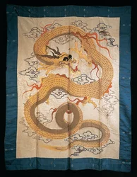 Wall Hanging Embroidered with a Writhing Gilt Dragon Among Clouds