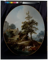 Landscape With A Young Boy and A Shepherdess With Cows and Sheep