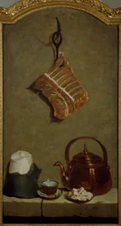 Still life with quarter of meat, sugar bread, copper kettle and cup