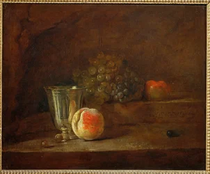 A Silver Goblet, Grapes, an Apple