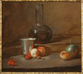 Carafe Half-Filled with Wine, Silver Goblet, Five Cherries, Two Peaches, an Apricot and a Green Apple