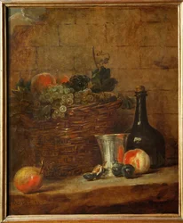 Fruit Basket with Grapes, a Silver Goblet and a Bottle, Peaches