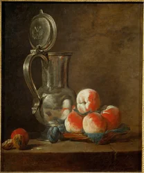 Pewter Pot with Plate of Peaches, Prunes and Nut