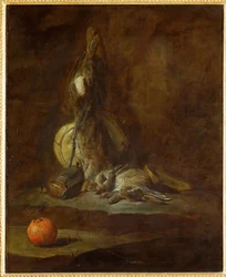 Two Dead Hares with Game-Bag, Powder Flask and Orange